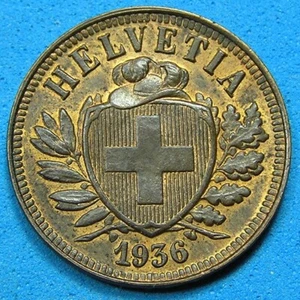 Switzerland 2 Rappen Bronze Coin 1936 High Grade RB, KM-4.2a, Combined Shipping - Picture 1 of 2