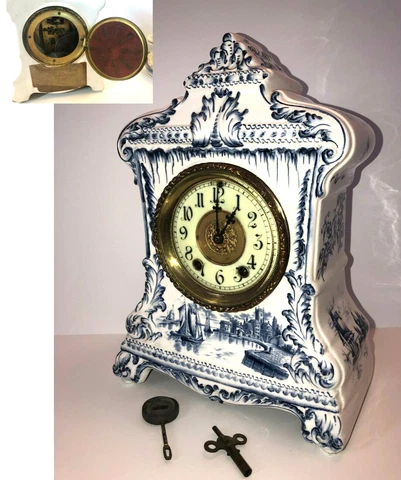 Porcelain Delft Style Mantle Clock Waterbury Clock Co Nautical Rare NY keys Cover