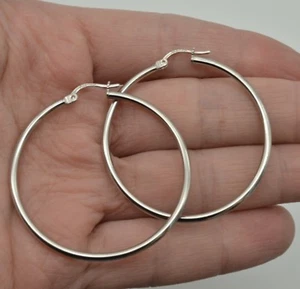 14k Solid White Gold  Large hoop Plain Polished Earrings 40mm x2mm. 1.57 inches - Picture 1 of 5