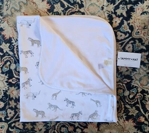 NWT Sammy & Nat Zebra Elephant Embroidery Baby Blanket Pink/White Pima Cotton - Picture 1 of 8
