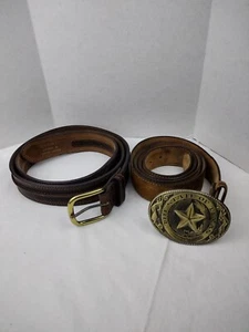 Lot Of 2 Men's Leather Belts Ariat Justin Sz 48 & Texas Belt Buckle 55"x1.5" - Picture 1 of 24
