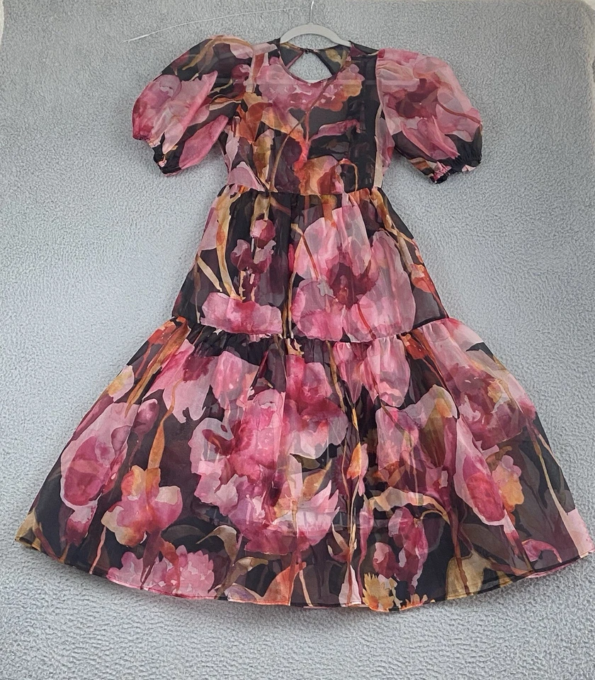 NEW Anthropologie Puff-Sleeve Organza Midi Dress Size XS Silk Floral Backless - Image 1 of 4