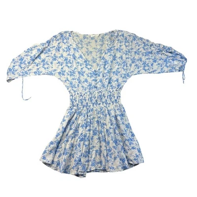 Indah 连衣裙女式小号蓝色白色花卉袖迷你 Cottagecore 人造丝 — 第 1/4 张图片