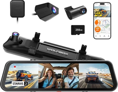 WOLFBOX G900 Tripro Cabin Version 3 Channel 4K Rear View Mirror Camera, 4K+1080P - Image 1 of 4