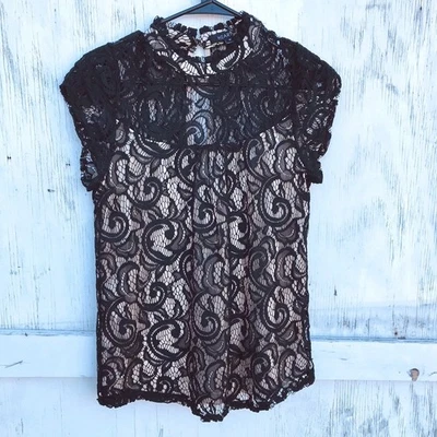 Black Lace Blouse Shirt Whimsy Goth Victorian Coquette M Sheer Y2k Vtg Sexy - Image 1 of 4