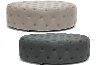 Beige / Gray Linen Round Tufted Cocktail Ottoman Coffee Table Modern 38.5" Diam - Image 1 of 4