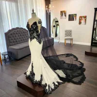 Gothic Mermaid Wedding Dresses Vintage Backless Beach Lace Applique Bridal Gowns - Image 1 of 4