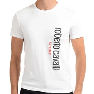 T-shirt maglietta bianca sportiva stampa logo ROBERTO CAVALLI $195 designer rara XL - Foto 1 di 6