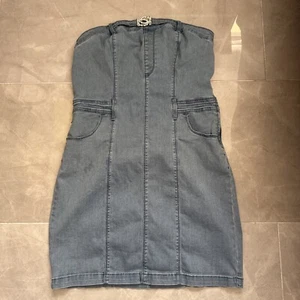Bebe Y2K Denim Mini Dress Womens Size 12 Sequins Logo Strapless Party Club - Picture 1 of 9