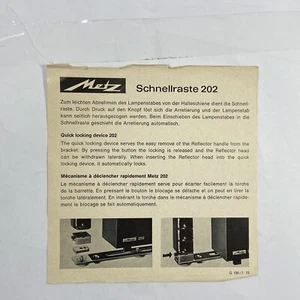 Metz Schnellraste 202 Quick Locking Device Camera Owners Manual Instructions - Picture 1 of 4