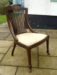 Antique Inlaid Mahogany Low Nursing Bedroom Chair Sweeping Slat Back Casters - Picture 1 of 16