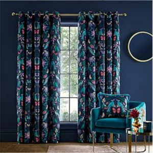Mya Tropical Birds Velvet Lined Eyelet Curtains In Navy By Catherine Lansfield - Picture 1 of 7