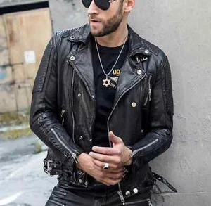 Motorcycle Biker Jacket Handmade Black Men Lambskin Leather Causal Jacket Winter - Imagen 1 de 10