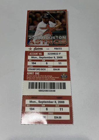 Houston Astros Vs Pittsburgh Pirates Game day ticket Stub. 9/8/2008 Cover