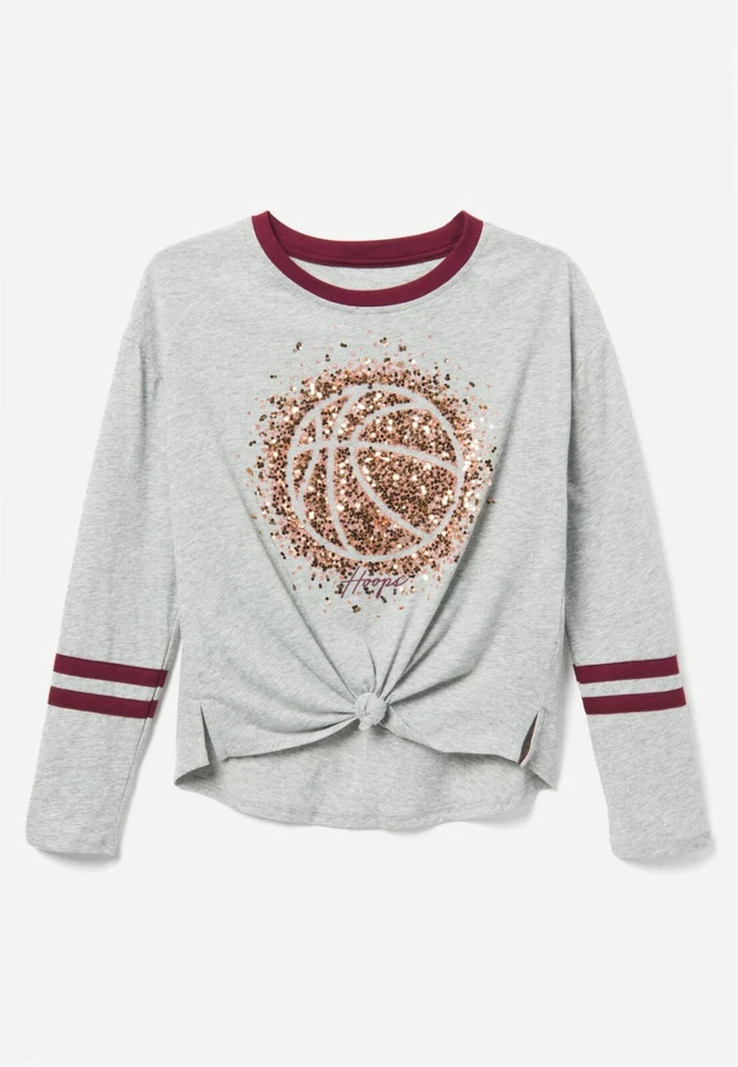 Justice Sports Graphic L/S Shirt-Heather Grey-Basketball-Girls Size 10 Plus NEW - Image 1 of 1