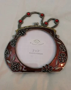 Photo Frame Standing Purse Enamel Silver & Ruby Red Floral by S Sunflower - Picture 1 of 12