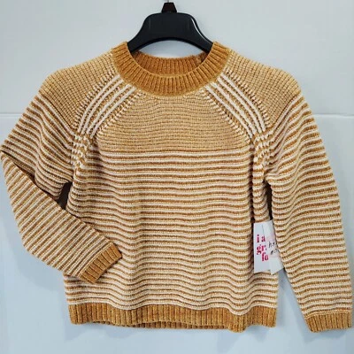 Womens Sweater XS Yellow Striped Crewneck Long Sleeve Knit Sweater Stretch New - Image 1 of 4