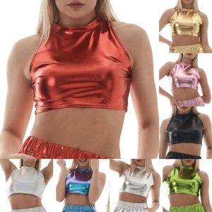 Lingerie Crop Top Tank Tops Shiny Slim Female Clubwear Faux Leather Crop Top - Picture 1 of 27