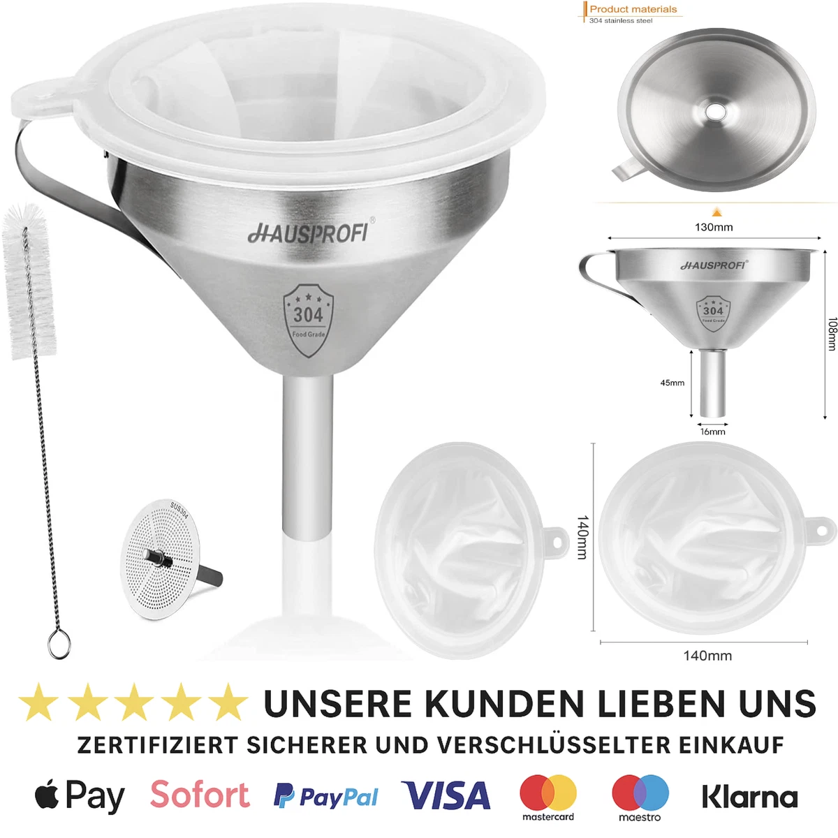Hünersdorff Fasstrichter 253 Mm – Mit Sieb, HD-PE, Lebensmittelecht, Braun
