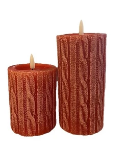NEW Two Red Knit Wax LED Timer Pillar Candle (1 - 3"x4" + 1 - 3"x6") by Ashland - Picture 1 of 5