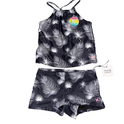 Conjunto de traje de baño Hurley niños niñas 10-11 años negro blanco hoja de palma 2 piezas UPF 50+ Foto 1 de 4
