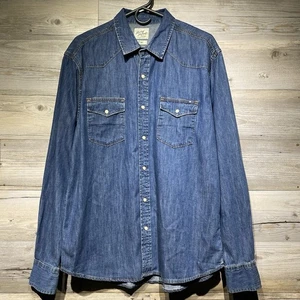 Lucky Brand Pearl Snap Denim Shirt Mens Large Blue Western Rodeo Cowboy Chambray - Picture 1 of 7