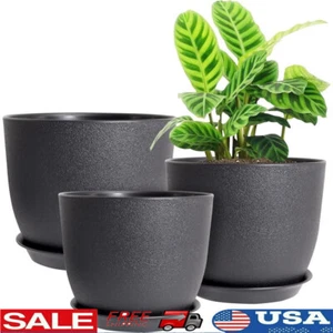Large Modern Plastic Planters W/ Drainage Holes & Saucers Indoor Outdoor Black - Picture 1 of 7