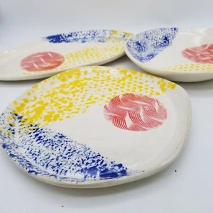 3 Hand Painted Signed Art Pottery Glazed Ceramic Platters Serving Bowls - Picture 1 of 9