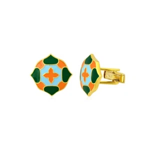 Enamel Gold-Plated Floral Silver Cufflink -Handcrafted Men's Accessories - Picture 1 of 6