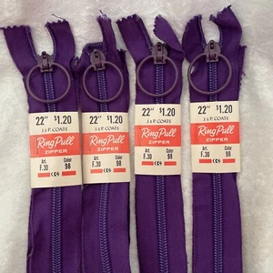 4 NOS 22 Inch J & P Coats Ring Pull  Zipper Purple, Color 98, USA - Picture 1 of 8