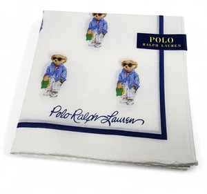 Polo Ralph Lauren Bear Handkerchief Scarf 100% Cotton White Navy 49cm - Picture 1 of 6