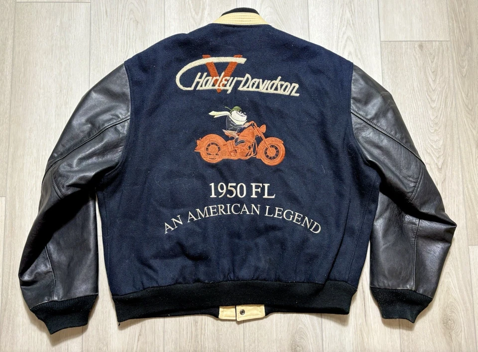 复古 90 年代 Harley Davidson 塔斯马尼亚魔鬼皮革羊毛摩托车夹克男式 XL — 第 1/4 张图片