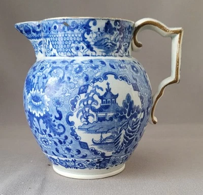 STAFFORDSHIRE PEARLWARE NET PATTERN BLUE TRANSFER PRINTED JUG C1800-10 - Image 1 of 4