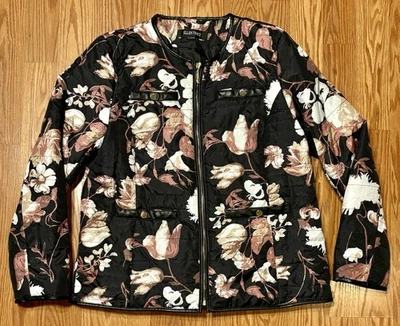 Chaqueta acolchada acolchada acolchada Ellen Tracy Abrigo negro floral Mobwife cremallera completa talla XL Foto 1 de 4