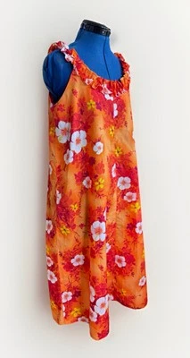 Vintage 70s Hukilau Paradise Hibiscus Floral Red Orange Ruffle Hawaiian Dress - Image 1 of 4