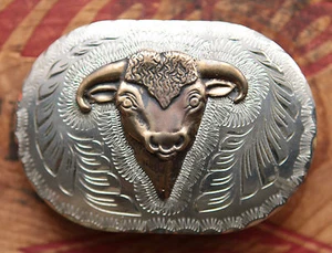 Vintage Hand Made Engraved Bull Head Western Cowboy Belt Buckle - Picture 1 of 3
