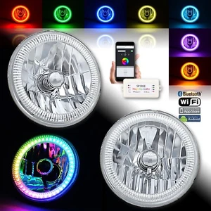 7" Bluetooth RGB SMD LED Color Chasing Halo Shift Angel Eye H4 Headlight Pair - Picture 1 of 12