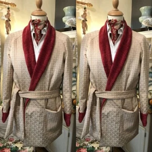 Plaid Men's Smoking Jacket Dinner Prom Khaki Party Evening Robe with Belt Blazer - Picture 1 of 6