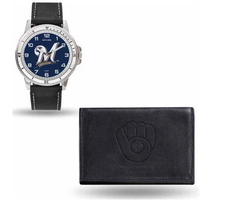 Milwaukee Brewers Men's Watch and Black Wallet SPARO Gift Set Lic MLB Baseball Cover