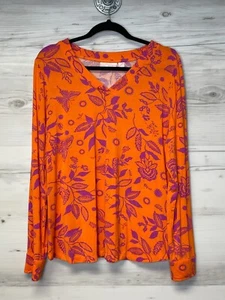 Top Belle Kim Grava Grande Cuello en V Manga Larga Naranja Púrpura Floral Elástico - Imagen 1 de 10