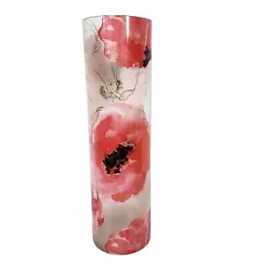 Tall 14" Vase with Red and Pink Poppies, Gold Filigree, Cylinder Glass - Picture 1 of 6
