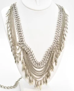 33" Silver-T Wide Circle Link Chain Statement Necklace Chain Swags Bead Dangles - Picture 1 of 3