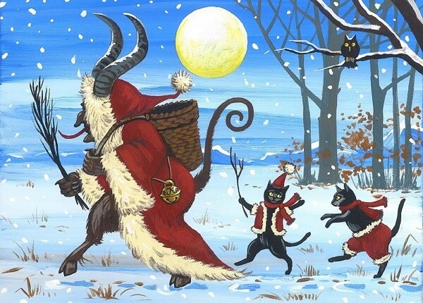 5x7 PRINT OF PAINTING RYTA CHRISTMAS KRAMPUS BLACK CAT GERMAN Halloween Folk Art - Изображение 1 из 1