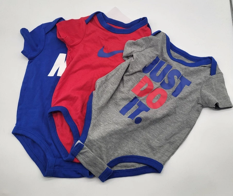 Nike 3 Pack 6 Month Infant Baby Bodysuits - Red Blue Gray