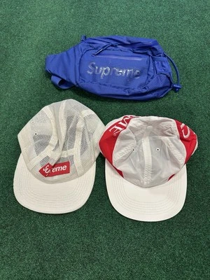 Lote de 3 artículos supremos | Gorra de campamento de malla | Gorra de nailon con logotipo grande | Riñonera de nailon Foto 1 de 4