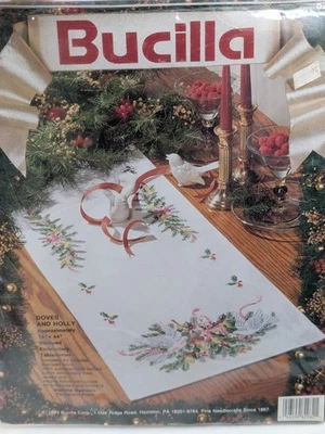 Bucilla  Stamped Embroidery Christmas  Tablerunner Kit DOVES AND HOLLY 14"x44" - Image 1 of 4