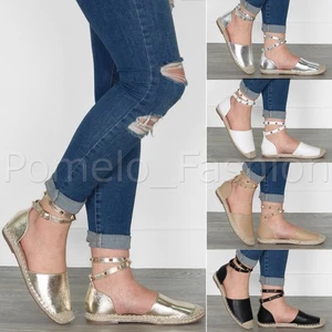 MUJERES DAMAS ENVOLVENTES TACHONADAS CORREA AL TOBILLO VERANO ALPARGATAS SANDALIAS ZAPATOS - Imagen 1 de 3