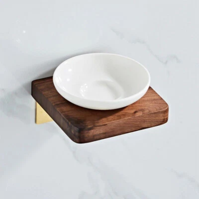 Abloh Luxury Ceramic Soap dish with Shelf Wooden Walnut & Brushed Gold