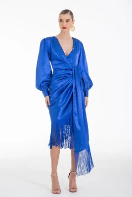 NUEVO Vestido Virgo’s Lounge Gabrielle Azul Marino Envolvente Volantes Flecos Satinado Talla EE. UU. 8 Foto 1 de 4