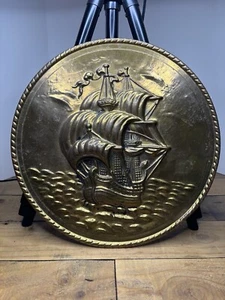 Vintage Lombard Brass Wall Decor 11” Plate Embossed Tall Ship England - Picture 1 of 9